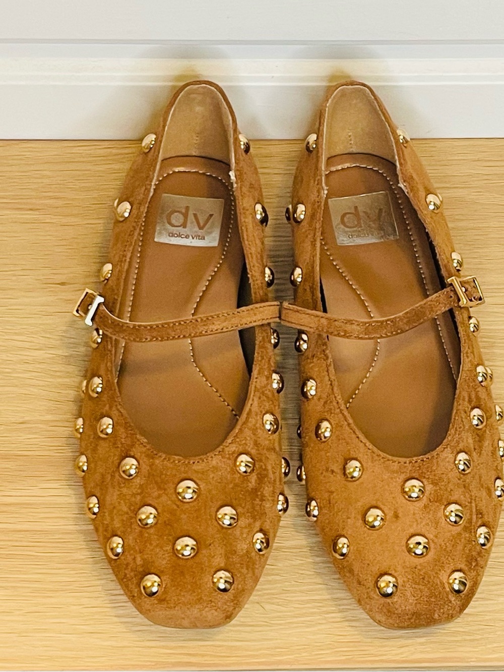 NWOT Dolce Vita Tan Suede Studded Mary Jane Flats